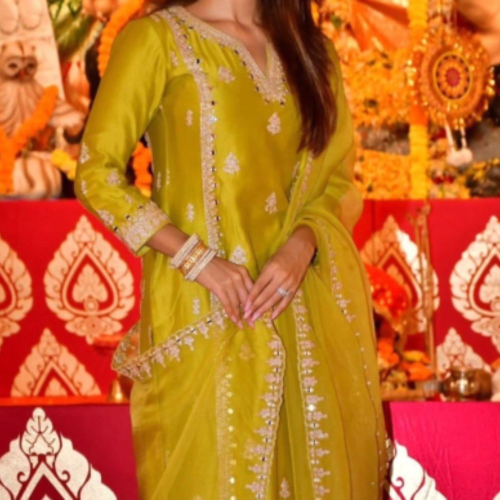 Gorgeous  Rajwadi Silk embroidered Kurti ,pant with organza dupatta.